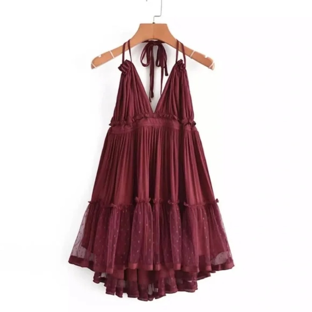 SOLD OUT Wine Swiss Dot Mesh Boho Halter Mini Dress - Picture 3 of 6